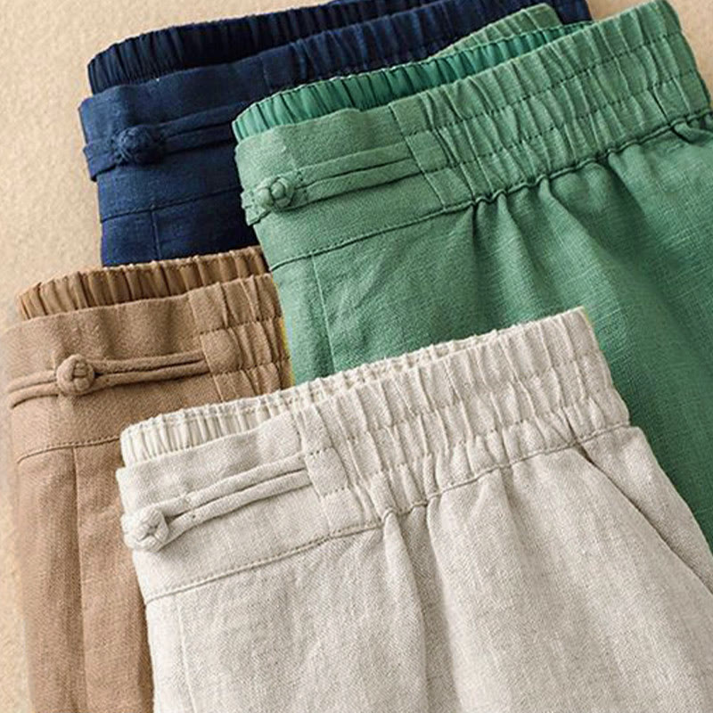 Daily Solid Color Elastic Waistband Frog-Button Cotton Women's Wide Leg Pants With Pockets