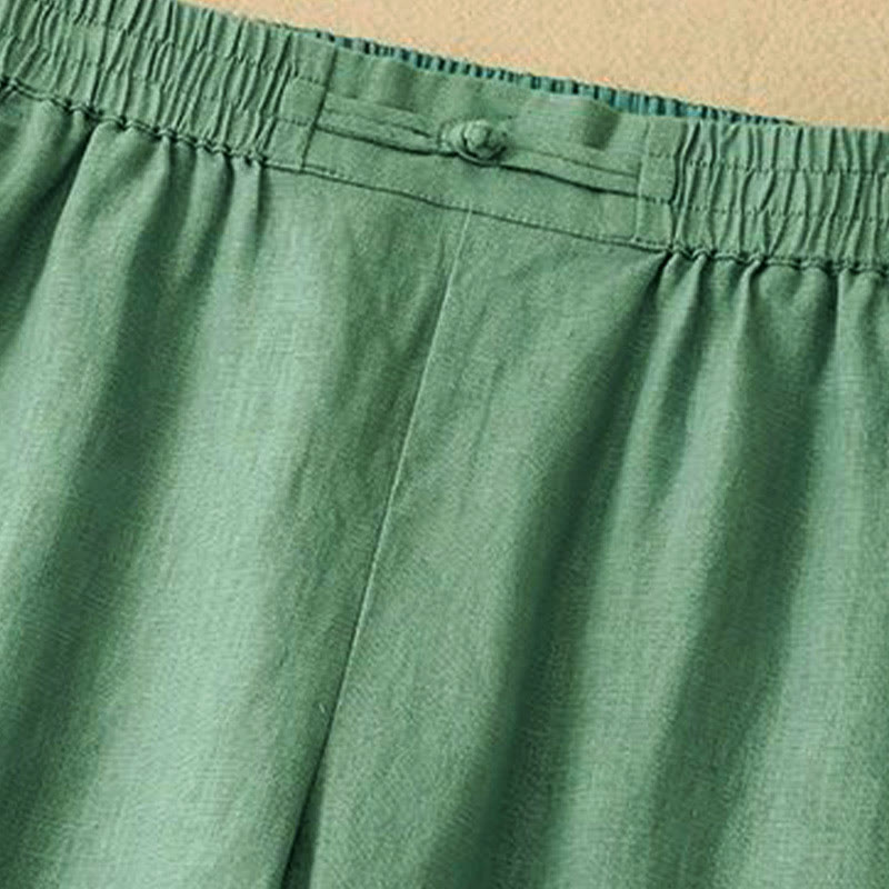 Daily Solid Color Elastic Waistband Frog-Button Cotton Women's Wide Leg Pants With Pockets