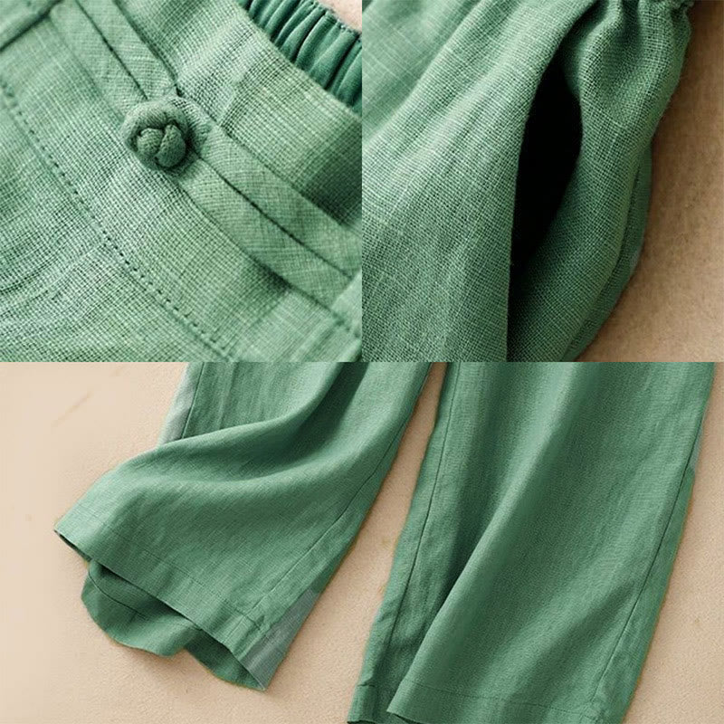 Daily Solid Color Elastic Waistband Frog-Button Cotton Women's Wide Leg Pants With Pockets