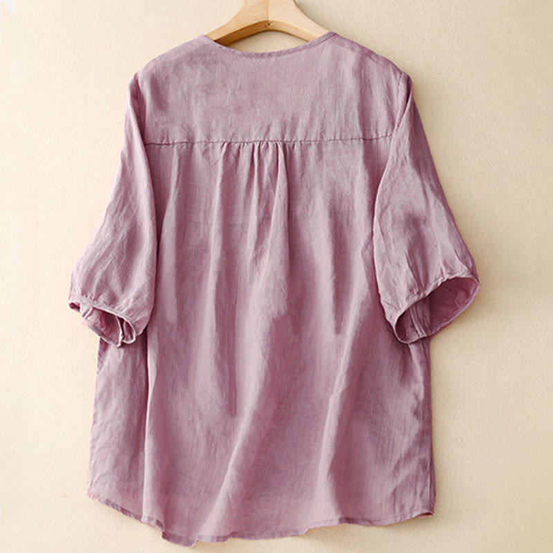 Casual Plain Loose Women's V-Neck Design Half Sleeve Cotton Shirt