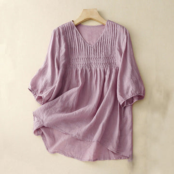 Casual Plain Loose Women's V-Neck Design Half Sleeve Cotton Shirt