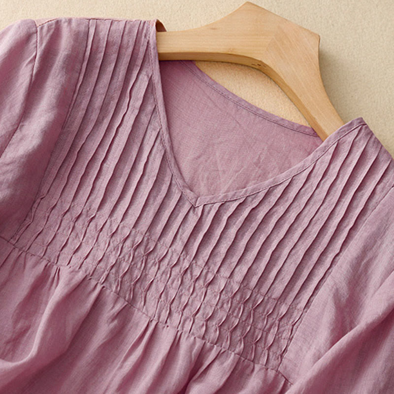 Casual Plain Loose Women's V-Neck Design Half Sleeve Cotton Shirt