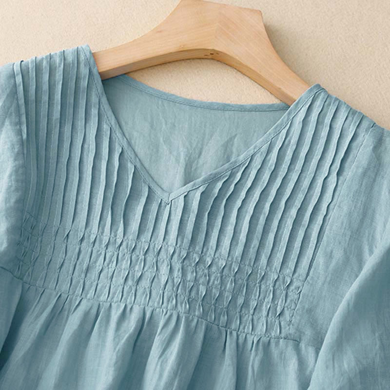 Casual Plain Loose Women's V-Neck Design Half Sleeve Cotton Shirt