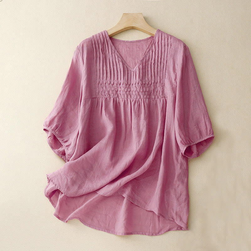 Casual Plain Loose Women's V-Neck Design Half Sleeve Cotton Shirt