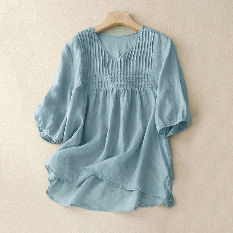Casual Plain Loose Women's V-Neck Design Half Sleeve Cotton Shirt