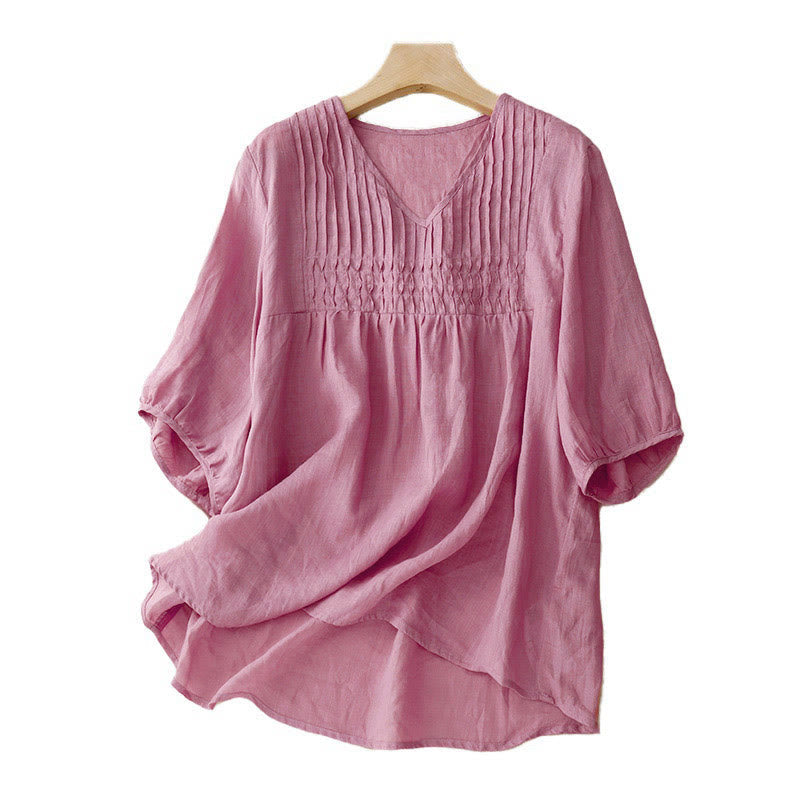 Casual Plain Loose Women's V-Neck Design Half Sleeve Cotton Shirt