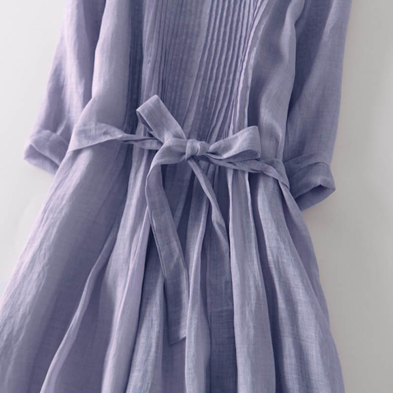 Casual Lace-up Plain Crew Neck Half Sleeve Cotton Midi Dress With Pockets