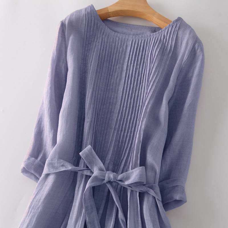 Casual Lace-up Plain Crew Neck Half Sleeve Cotton Midi Dress With Pockets