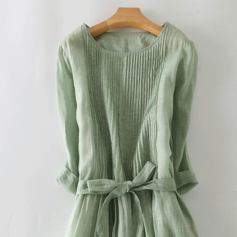 Casual Lace-up Plain Crew Neck Half Sleeve Cotton Midi Dress With Pockets