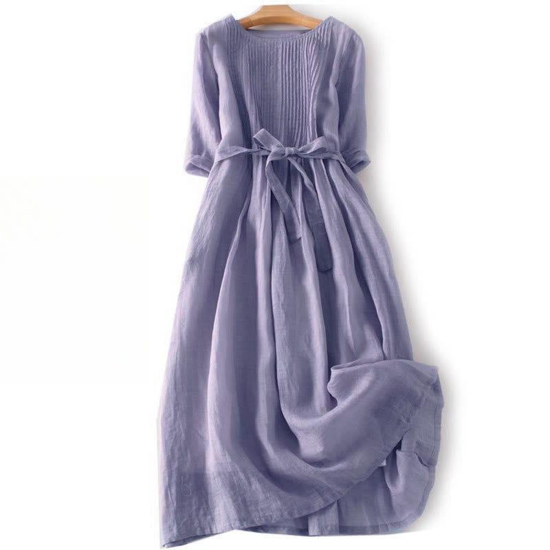 Casual Lace-up Plain Crew Neck Half Sleeve Cotton Midi Dress With Pockets