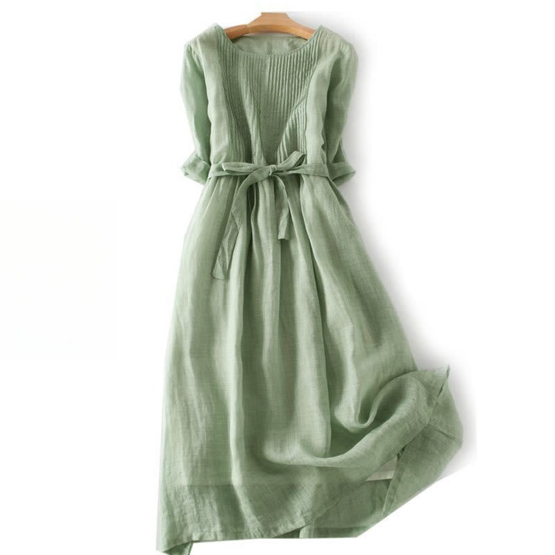 Casual Lace-up Plain Crew Neck Half Sleeve Cotton Midi Dress With Pockets