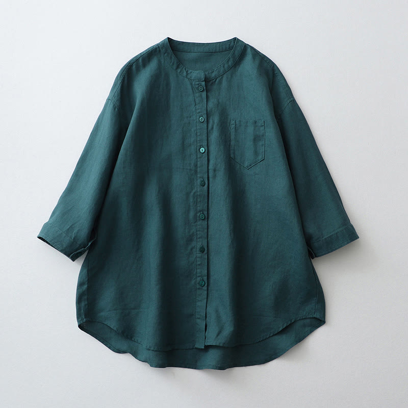 Solid Color Button Three Quarter Sleeve Shirt