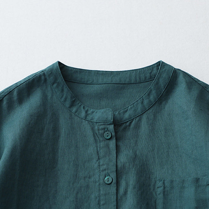 Solid Color Button Three Quarter Sleeve Shirt