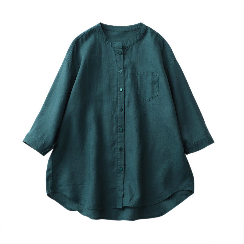 Solid Color Button Three Quarter Sleeve Shirt