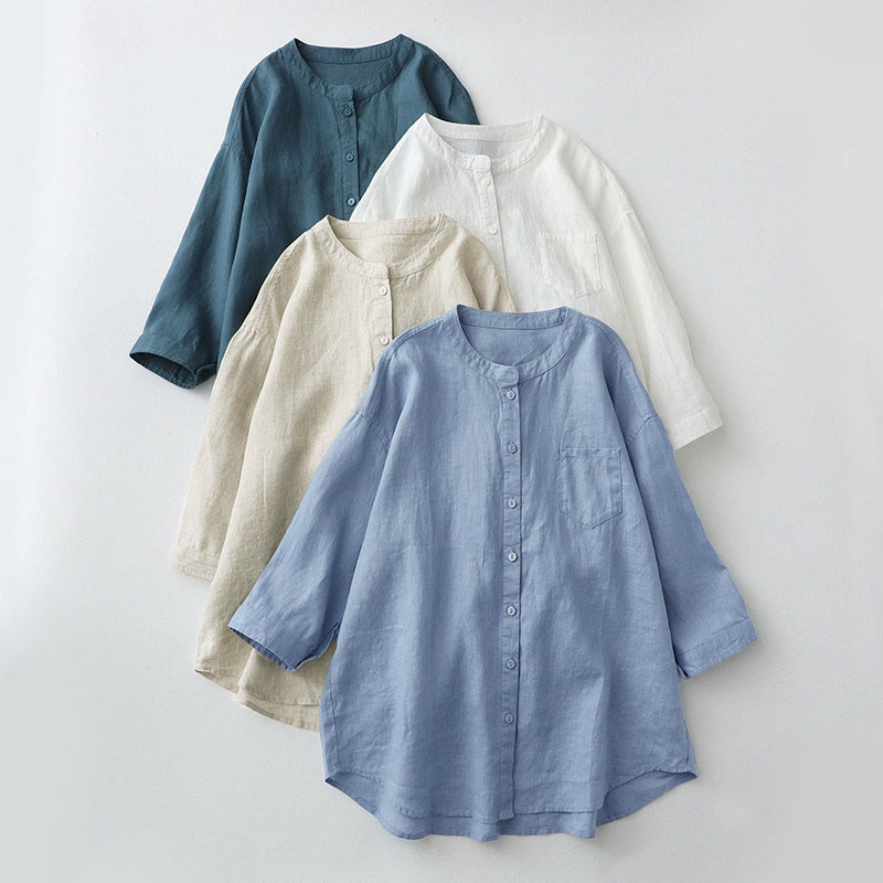 Solid Color Button Three Quarter Sleeve Shirt