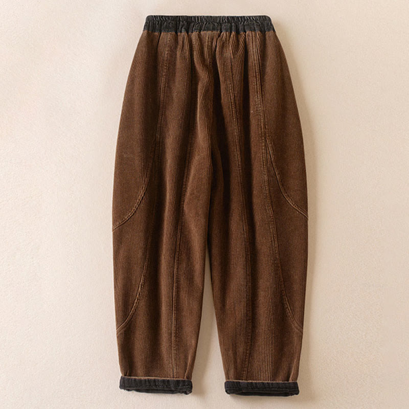 Color Contrast Corduroy Cotton Women's Thermal Fleece-Lined Harem Pants With Pockets