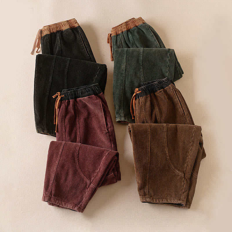 Color Contrast Corduroy Cotton Women's Thermal Fleece-Lined Harem Pants With Pockets