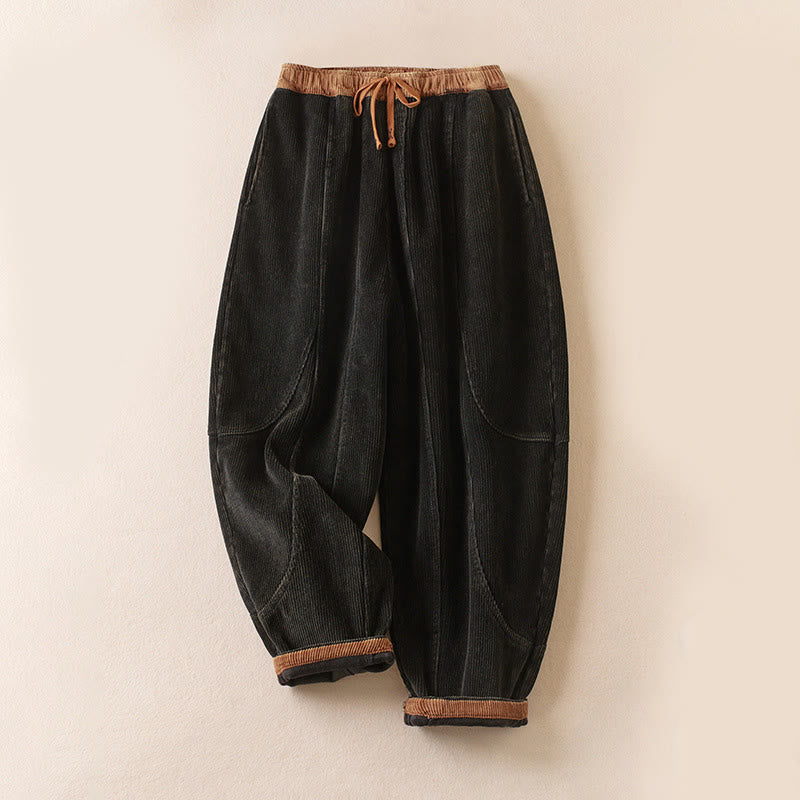 Color Contrast Corduroy Cotton Women's Thermal Fleece-Lined Harem Pants With Pockets