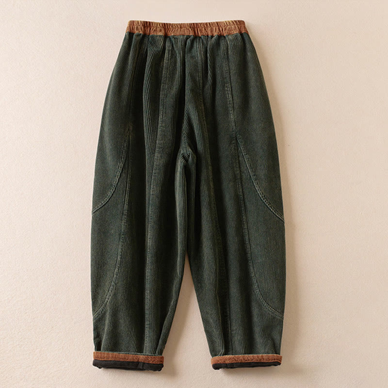 Color Contrast Corduroy Cotton Women's Thermal Fleece-Lined Harem Pants With Pockets