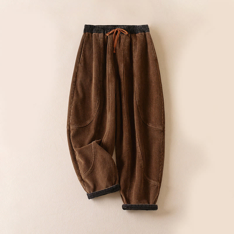 Color Contrast Corduroy Cotton Women's Thermal Fleece-Lined Harem Pants With Pockets