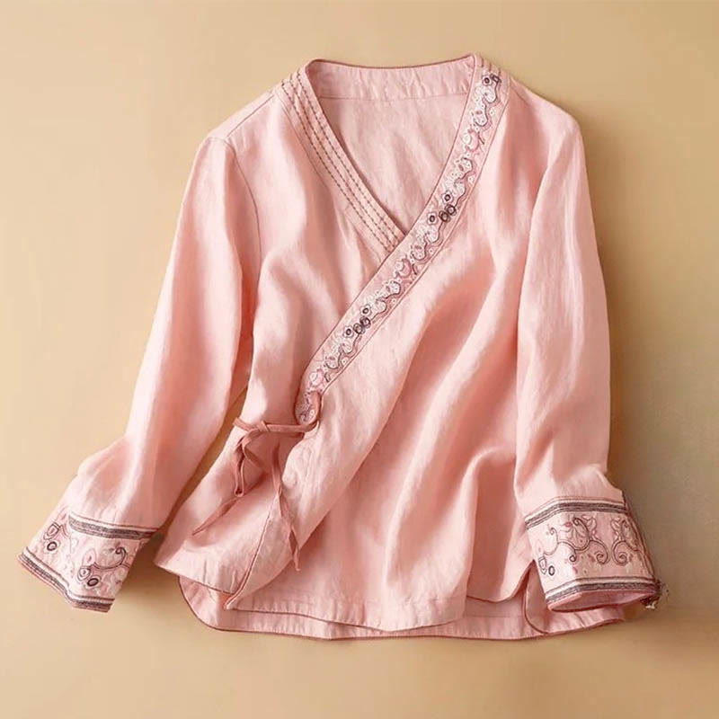 Casual Embroidered Flowers Slant Collar Strap Long Sleeve Cotton Women's Shirt