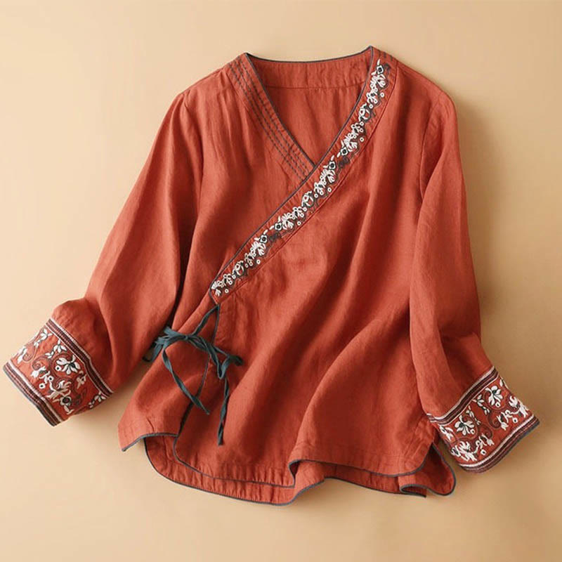 Casual Embroidered Flowers Slant Collar Strap Long Sleeve Cotton Women's Shirt