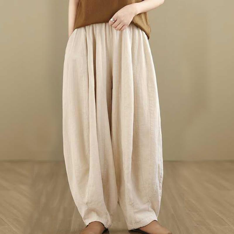 Spring Casual Simple Design Women's Cotton Linen Harem Pants With Pockets