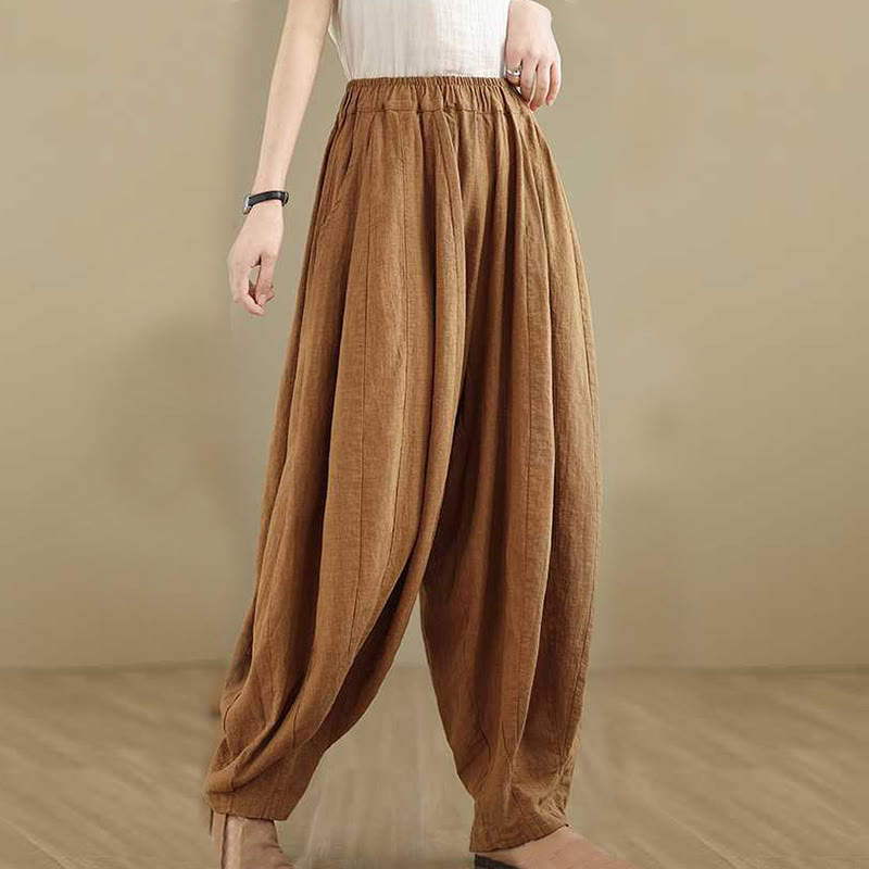 Spring Casual Simple Design Women's Cotton Linen Harem Pants With Pockets
