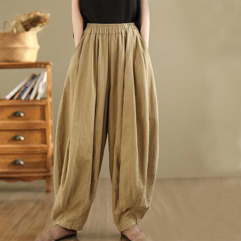 Spring Casual Simple Design Women's Cotton Linen Harem Pants With Pockets