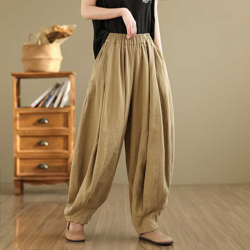 Spring Casual Simple Design Women's Cotton Linen Harem Pants With Pockets