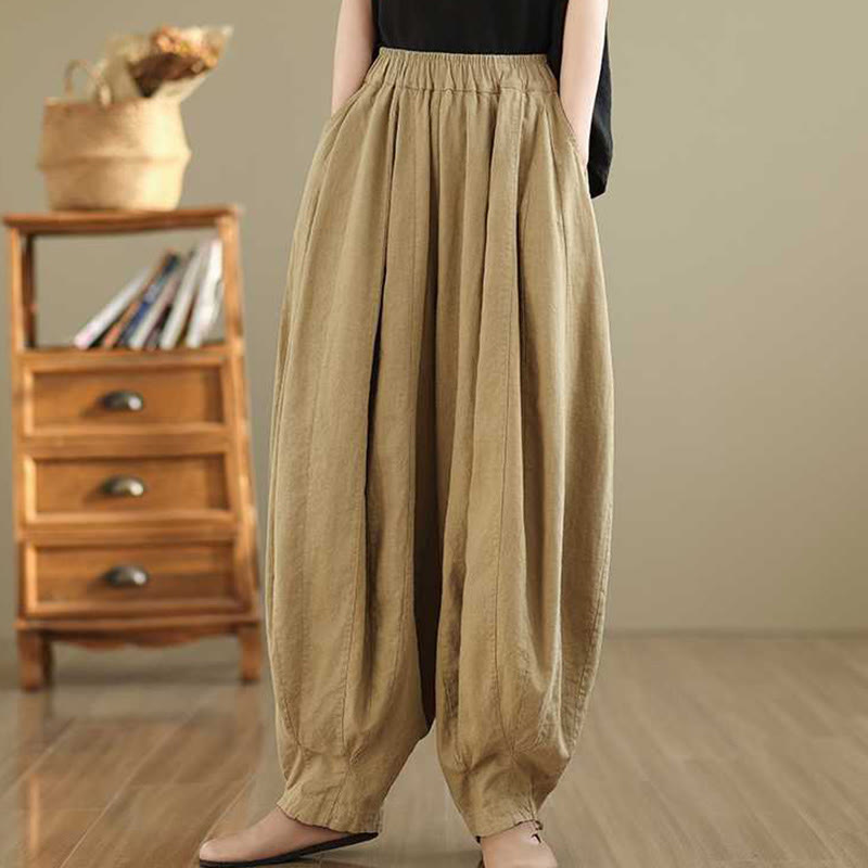 Spring Casual Simple Design Women's Cotton Linen Harem Pants With Pockets
