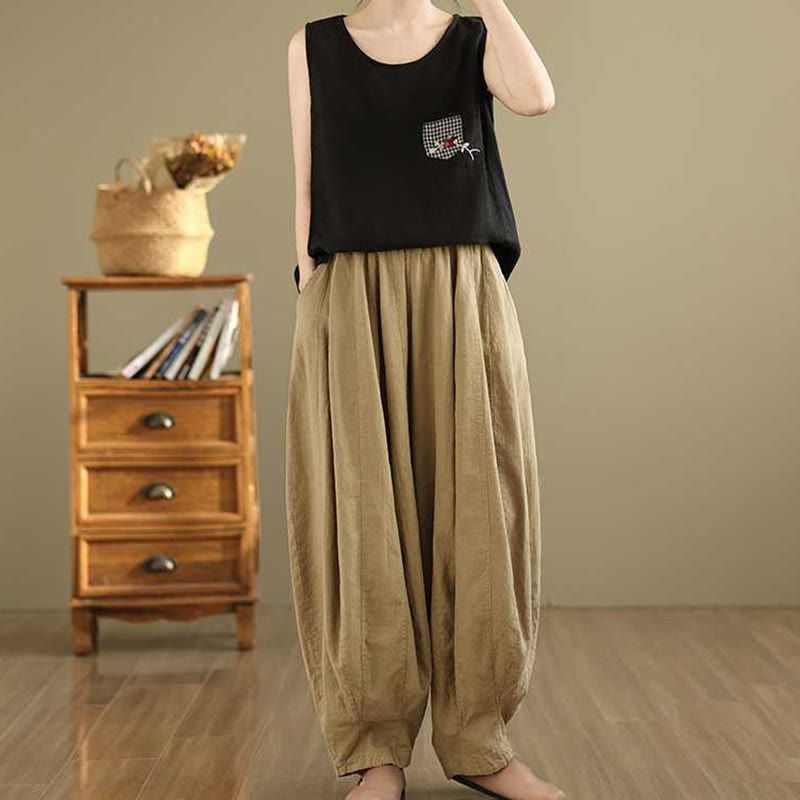 Spring Casual Simple Design Women's Cotton Linen Harem Pants With Pockets