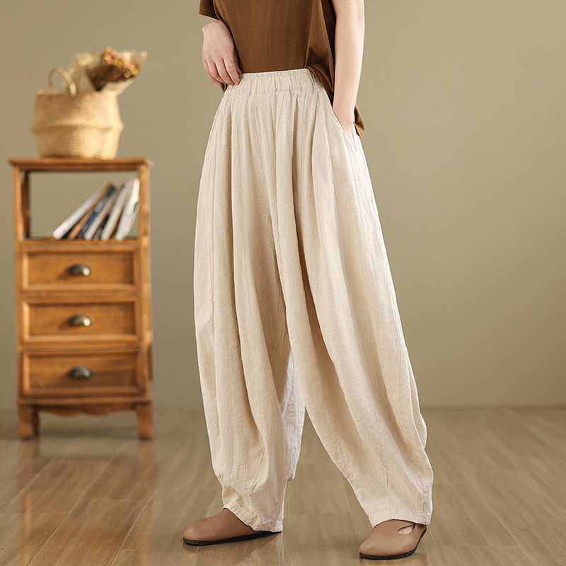 Spring Casual Simple Design Women's Cotton Linen Harem Pants With Pockets