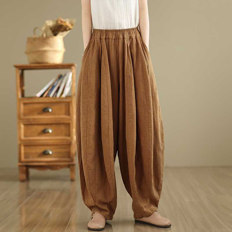 Spring Casual Simple Design Women's Cotton Linen Harem Pants With Pockets