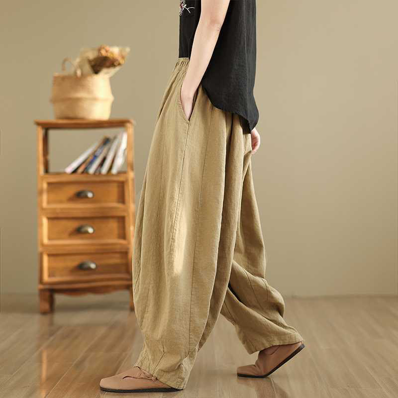 Spring Casual Simple Design Women's Cotton Linen Harem Pants With Pockets