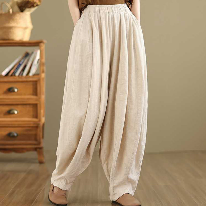 Spring Casual Simple Design Women's Cotton Linen Harem Pants With Pockets