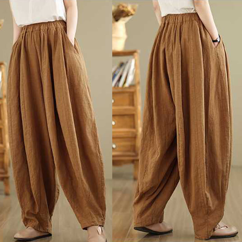 Spring Casual Simple Design Women's Cotton Linen Harem Pants With Pockets