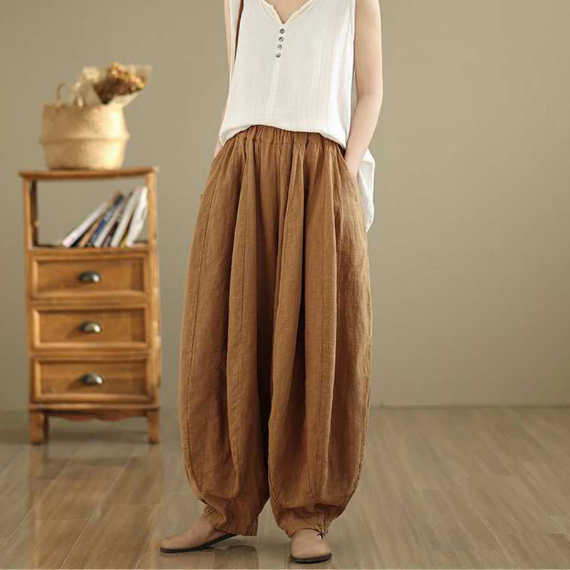 Spring Casual Simple Design Women's Cotton Linen Harem Pants With Pockets