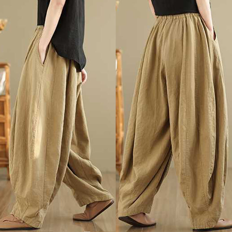 Spring Casual Simple Design Women's Cotton Linen Harem Pants With Pockets
