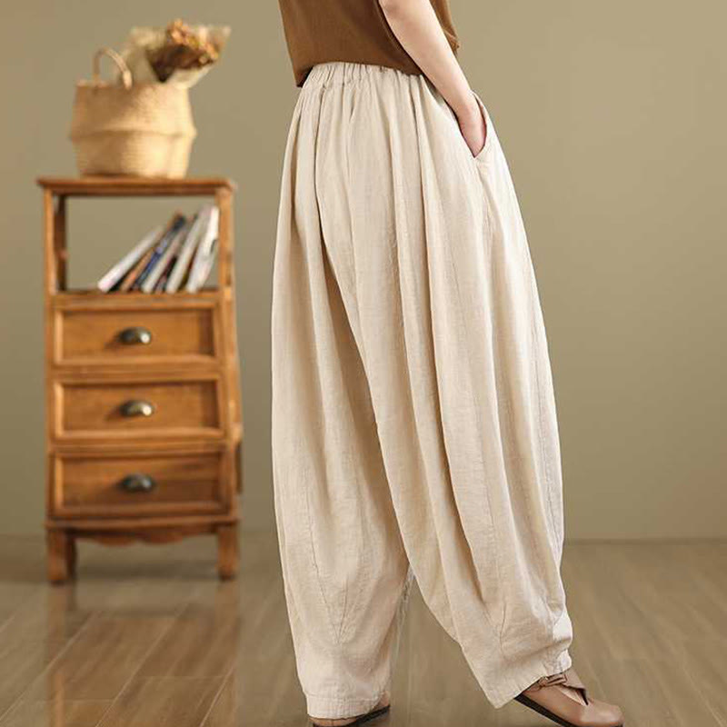 Spring Casual Simple Design Women's Cotton Linen Harem Pants With Pockets