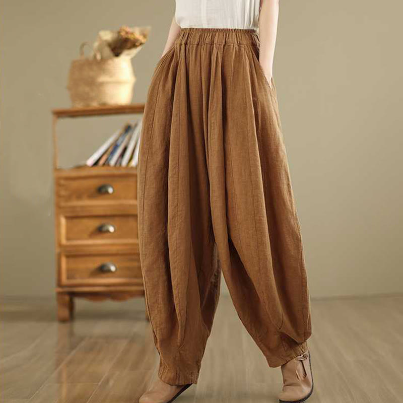 Spring Casual Simple Design Women's Cotton Linen Harem Pants With Pockets
