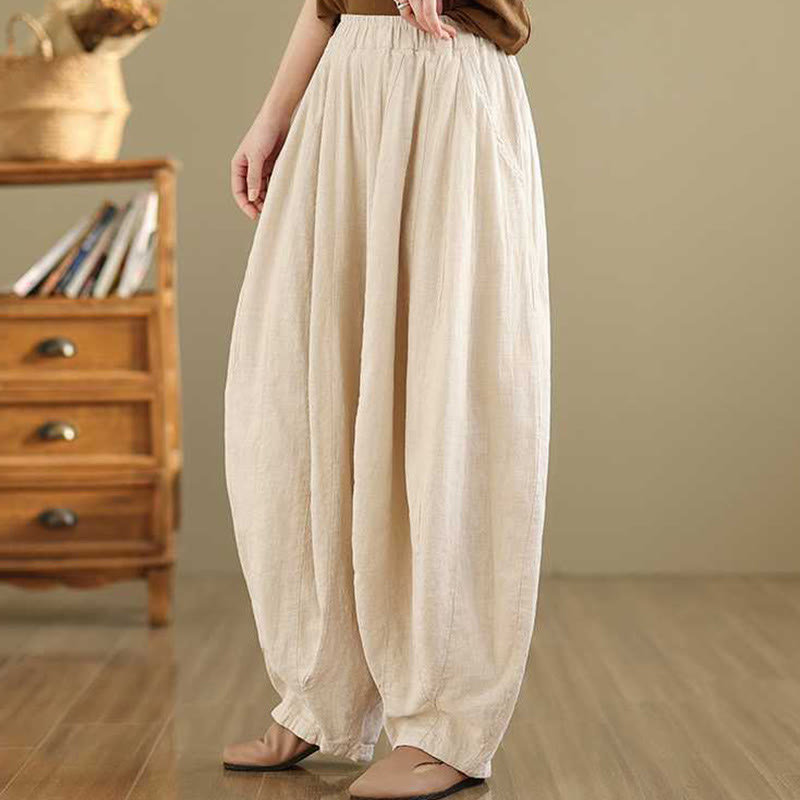 Spring Casual Simple Design Women's Cotton Linen Harem Pants With Pockets