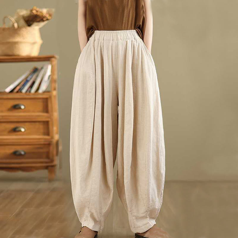 Spring Casual Simple Design Women's Cotton Linen Harem Pants With Pockets