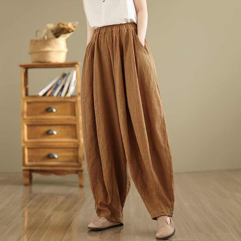 Spring Casual Simple Design Women's Cotton Linen Harem Pants With Pockets