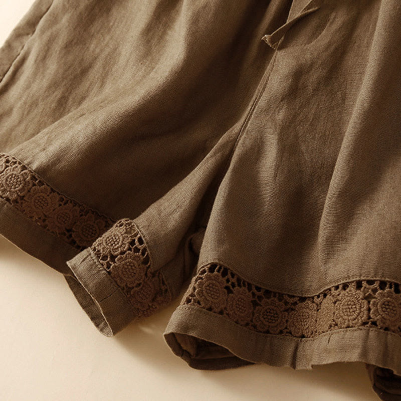 Plain Color Bottom Hollow Lace Design Lace-up Cotton Women's Shorts With Pockets