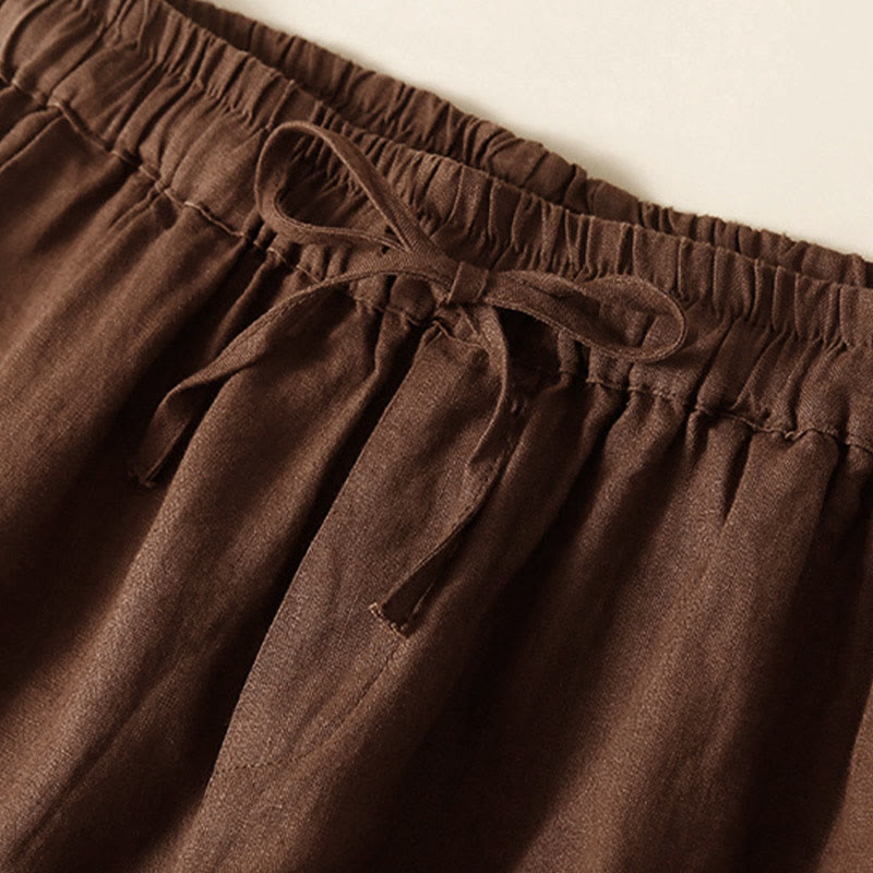Plain Color Bottom Hollow Lace Design Lace-up Cotton Women's Shorts With Pockets