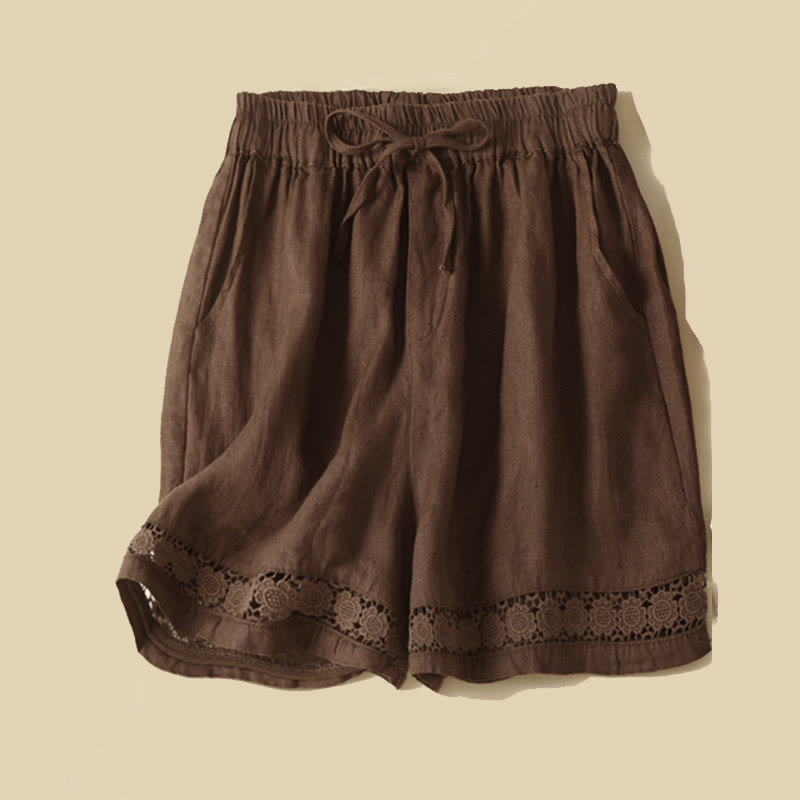 Plain Color Bottom Hollow Lace Design Lace-up Cotton Women's Shorts With Pockets