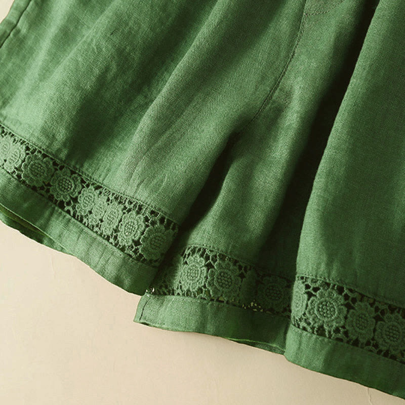 Plain Color Bottom Hollow Lace Design Lace-up Cotton Women's Shorts With Pockets