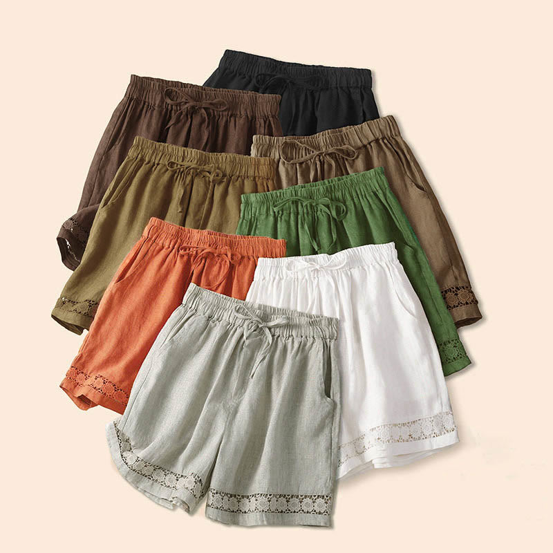 Plain Color Bottom Hollow Lace Design Lace-up Cotton Women's Shorts With Pockets