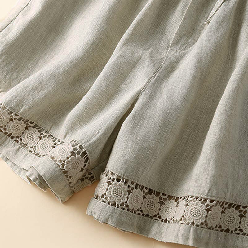 Plain Color Bottom Hollow Lace Design Lace-up Cotton Women's Shorts With Pockets